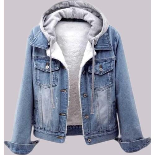 Women Autumn Winter Overcoat Loose Denim Jacket Plus Velvet Padded Coat Vintage Thick Warm Jean Coat