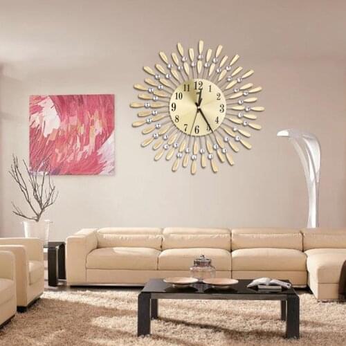NHBR 3D Large Wall Clock Shiny Rhinestone Sun Style Modern Living Room Decor 15 inch