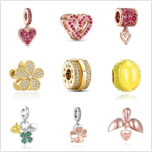 Rose Gold Durian Rose Red Heart Dangle Bead Fit Original Pandora Charms Silver 925 Bracelet Accessories Diy Jewelry New European