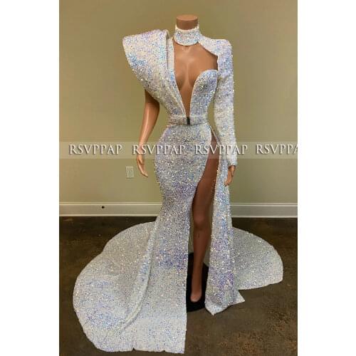 Long Evening Dresses 2020 Elegant High Neck Single Long Sleeve Sparkly Sequin Women White Formal Evening Gowns With Slit