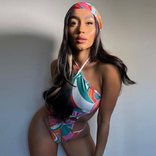 Aesthetic Print Beachwear Rompers Womens Bodysuit Sexy Hanging Neck Backless One Piece Outfit Summer Waist Band Cut Out Overall