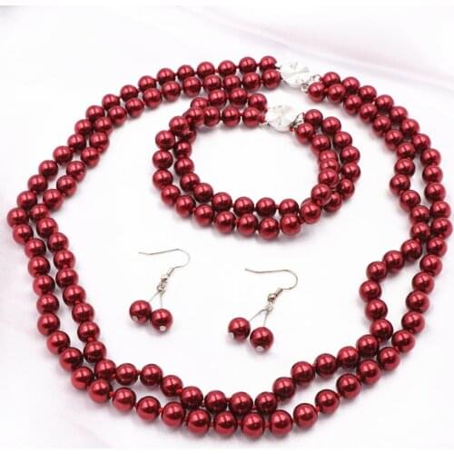 New African Jewelry Set for Women 8mm Round Simulated Pearl Beads Necklace Earrings Sets Luxury Glass Pearls Chain Dangle A628