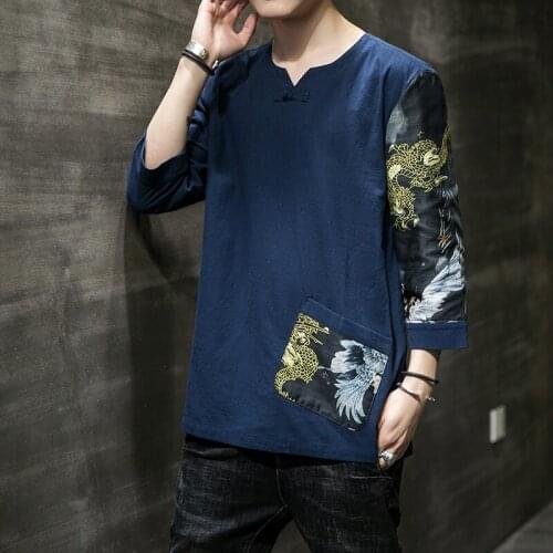 Summer 2021 Crane Print Chinese Style T-Shirt Men Linen Tang Shirt Loose Large Size T-Shirt Japanese Kimono Men New 30467