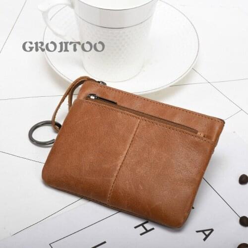 GROJITOO Leather mens change hand hold leather bag womens zipper Hand Purse short cowhide wallet small change card bag