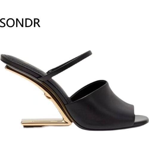 Womens Peep Toe Real Mink Fur Mules Strange Fretwork High Heel Slippers Shoes Slides Ladies Sexy 7Colors New 2022