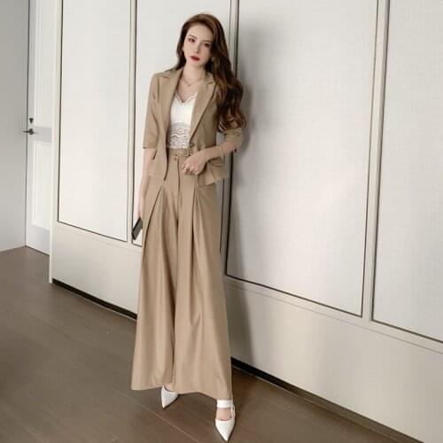 New arrival comfortable personality formal pant suits Single Button blazer and loose pants solid work style cute pant suits