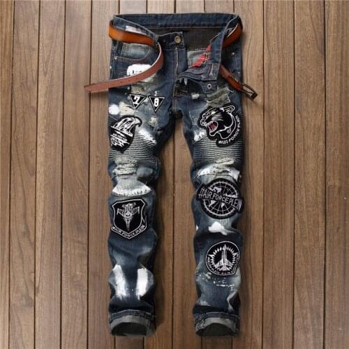 New Mens Club Patchwork Jeans Pants Straight Embroidery Tiger Chic Trousers