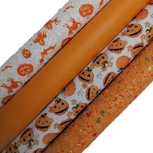 Orange Glitter leather, Pumpkins Ghosts Printed synthetic leather, Nappa Faux Leather Sheets For Bows Earrings DIY 21x29CM KM672