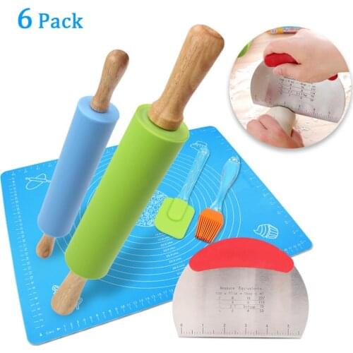 Rolling Pin Pastry Mat Set Non-Stick 6 in 1 Dough Roller Baking Kit with Pastry Cutter Reusable Knead Mat Scraper Basting Brush