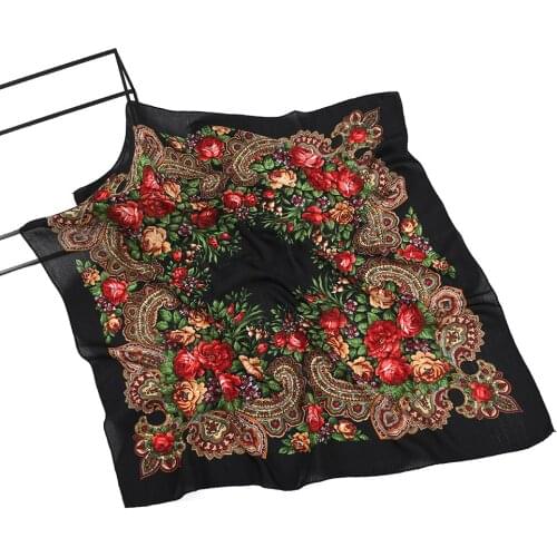 Scarf Handkerchief Square Russian 80x80CM Ethnic Floral Pattern Printed Women Neck Head Scarf Hijab Headband Ukraine Scarf