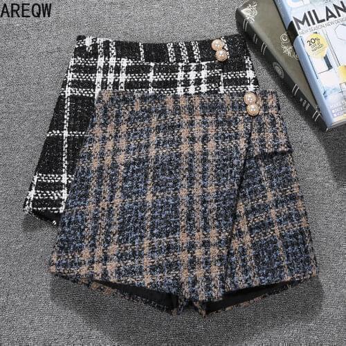 Autumn and Winter Tweed Shorts New Style Divided Korean Fashion Plaid High Waist Slim Loose Wide Leg Booty Shorts