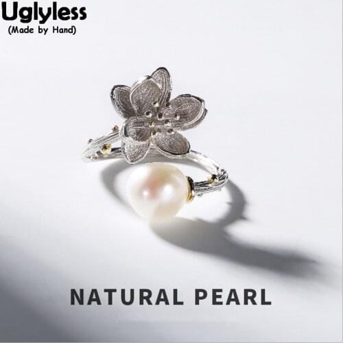 Uglyless 100% Natural Freshwater Pearl Finger Rings for Women Fine Jewelry Real Solid 925 Sterling Silver Flower Open Ring Lotus