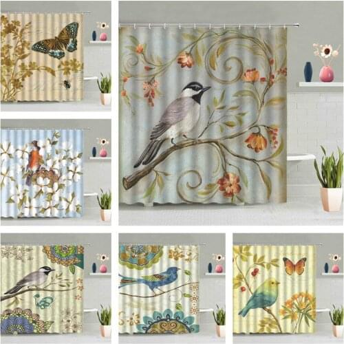 Flower Bird Shower Curtain Nordic Oil Painting Green Plant Branch Leaf Colourful Butterfly Animal Bathroom Accessories Decor Set