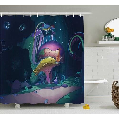 Mushroom Shower Curtain Big Magical Plant in Fairytale Forest at Midnight Children Book Wonderland Bath Curtains For Bathroom
