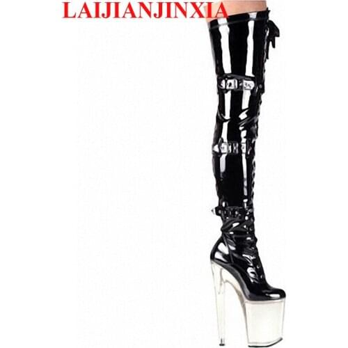 LAIJIANJINXIA Over The Knee Sexy Boots Soft PU Leather Thigh High Boots Sexy 20cm High Heel Shoes Platform Crystal Dance Shoes