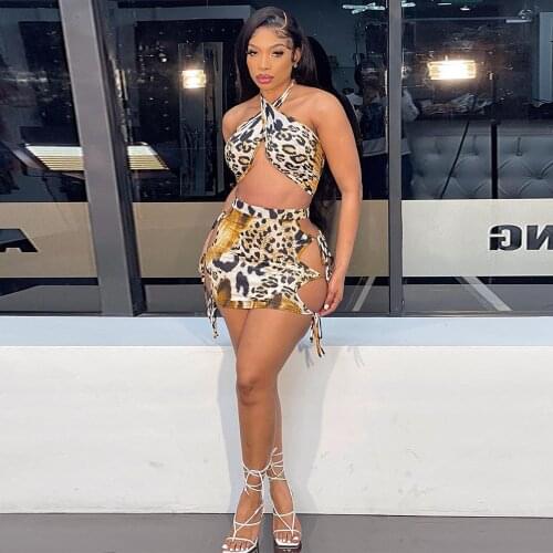 Cheetah Leopard Print 2 Piece Matching Set Women Tracksuit Halter Neck Backless Crop Top+side Hollow Out Mini Skirt Club Outfit