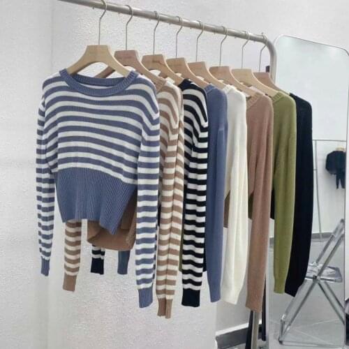 Women Sweater 2021 Autumn Long Sleeves Short Striped CropTops Korean O-Neck Pullover Knitted Jumper Elegant Warm Pull Femme