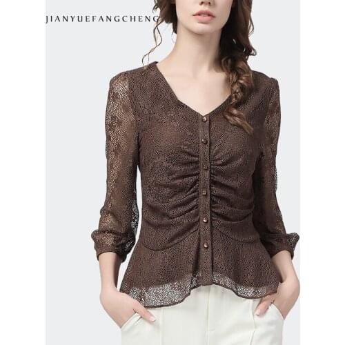 100% Nylon Sexy Hollow Out Women Lace Tops Summer New Fashion Slim V-Neck Seven Sleeves Shirts Elegant Vintage Floral Brown Top