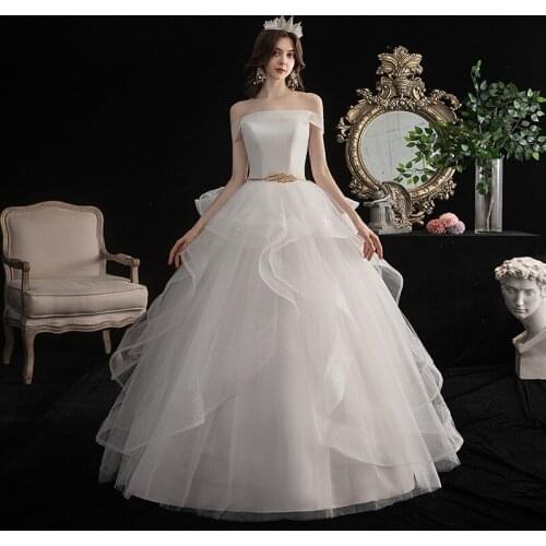 Vestido De Noiva Elegant Boat Neck Princess Belt Wedding Dresses Tulle Bridal Ball Gowns Robe De Mariee Slim Bride Dresses