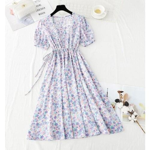 Floral Dress Women 2021 New Vintage Square collar Puff sleeve Chiffon Dresses Elegant Vestidos Drawstring A-line Summer Dress