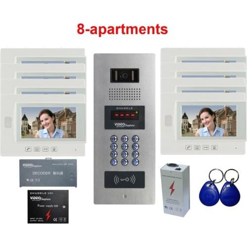 ZHUDELE New Top Quality Home Security Intercom System 7"Video Door Phone For Building 8-Apartments w/t ID Card&Password Unlockin