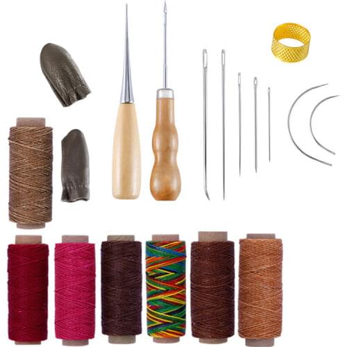 19PCS Hand Leathercraft Tool Set with Needle 30M Leather Waxed Thread Cord Drilling Awl and Thimble for Leather Repair