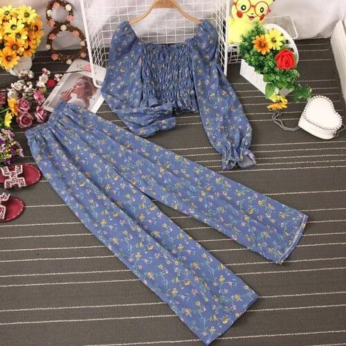 2021 New Spring Autumn Female Outfits Long Sleeve Crop Top And High Waist Wide Leg Pants Fashion Broken Flower Women 2 Piece Set