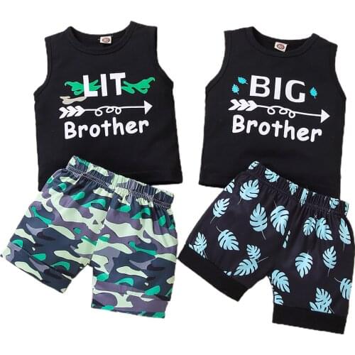 2021 0-4Y Brother Matching Boys Clothing Unique Letter Sleeveless Tops Vest+Camouflage Printing Elastic Short Pants Summer 2pcs
