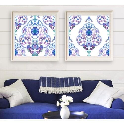 Watercolor Paisley Cold Colors Poster and Print Indian Wall Art Canvas Painting Persian or Turkish Art Picture Home Art Decor