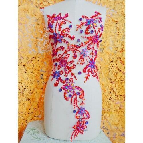 Zbroh Pure hand made dazzling red sew on Rhinestones applique crystals patches 65*30cm DIY dress accessory
