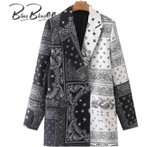 BlingBlingee Za 2021 Autumn Woman Traf Coats Vintage Paisley Print Patchwork Single Button Loose Blazers Casual Long Jacket