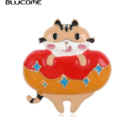 Blucome Kawaii Swimming ring With Cats Shape Brooches Corsage Gold color Colorful Enamel Animal Brooch Hijab Pin Hat Accessories
