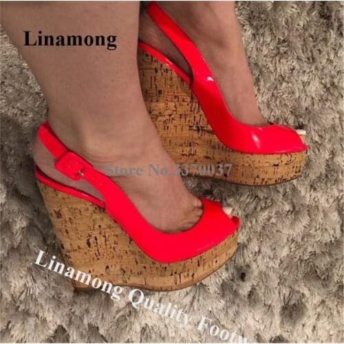 Linamong Western Fashion Peep Toe High Platform Wedge Sandals Red Grey Pink Patent Leather Wedges Height Increased Dress Shoes