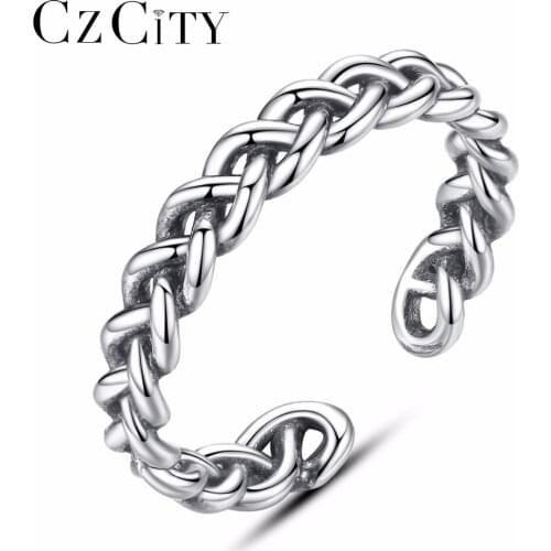 CZCITY Trendy 925 Silver Sterling Handmade Thailand Twist Knitted Ring for Women Vintage Adjustable Open Ring Silver Jewelry