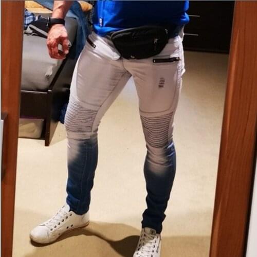 Men Jeans Elastic Waist Stretch Hip Hop Jeans Patchwork Ripped Pants Vintage Trousers Casual Denim Jeans Mens Clothing