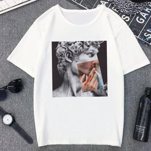 Gigantic of David Statue smokes Fun Tshirt Harajuku Streetwear Vintage T Shirt Women new Summer Casual White Tops T-shirt Female