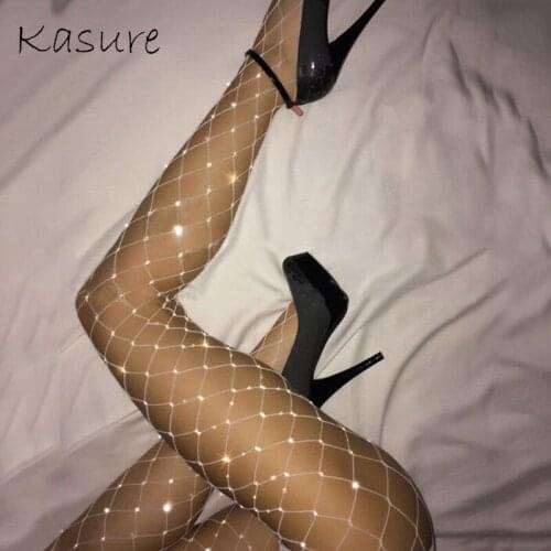KASURE Shiny Tights With Rhinestones Fishnet Pantyhose Stockings Sexy Women Tights Sparkle Multi Color Diamond Big Net Pantyhose