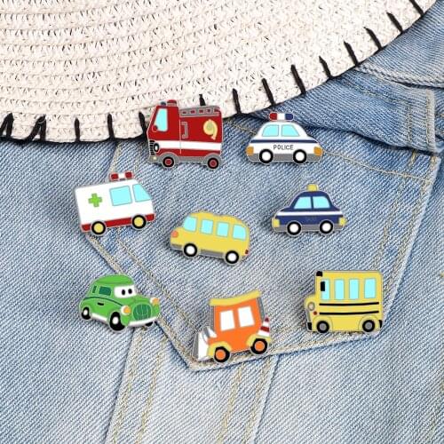 Creative Cute Car Enamel Pin Cartoon Ambulance Police School Bus Taxi Transportation Hat Brooch Jachets Bag Lapel Badge Jewelry