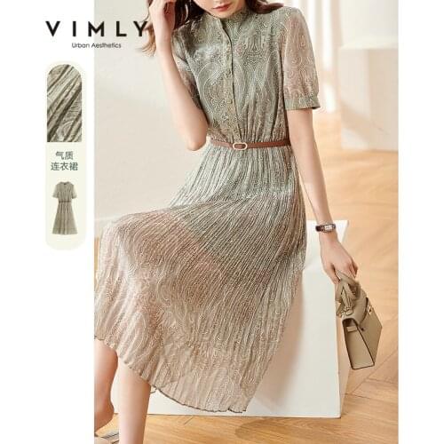 VIMLY Summer Dresses For Women Elegant Floral Dress High Waist Sashes Pleated Dress Office Lady Womens Chiffon Dress F7986
