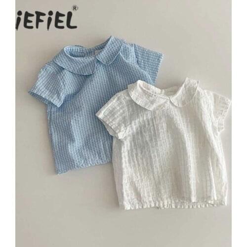 Summer Girl Shirts Short Sleeve Cotton Peter Pan Collar Tops Baby Toddler Girl Blouse Shirt Kid Tops Korean Simple Sweet Clothes