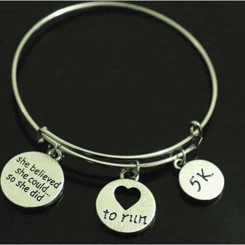 Fashion Marathon Running Sports Jewellery Bracelet 5K Tag Pendant Making Adjustable Retractable Wire Bangle