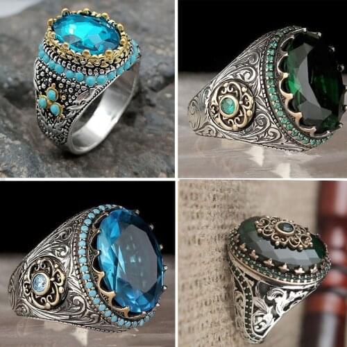 Ancient Ethnic Blue Oval Stone Metal Punk Ring For Men Paved Stones Elegant Anniversary Jewelry Vintage Arab Championship Rings