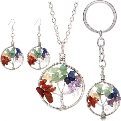 Life of Tree Set Natural Gem Stone Rainbow Chakra Crystal Drop Earring Necklace Keychain Healing Reiki Jewerly Sets for Women