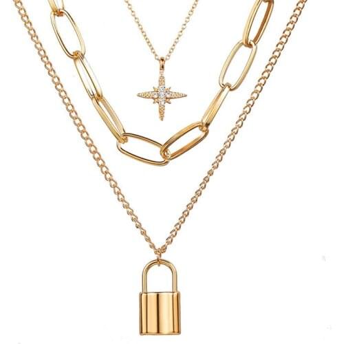 New Necklace 2021 Multi-layer Chains Necklaces for Women Retro Eight Star Lock Pendant Necklaces Jewelry Wholesale Kpop