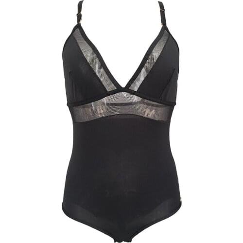 Solid Black Gauze Satin V-neck Spaghetti Strap Open Crotch Bodysuit for Women Comfort Bodysuit Female Sexy Lingerie SLA030