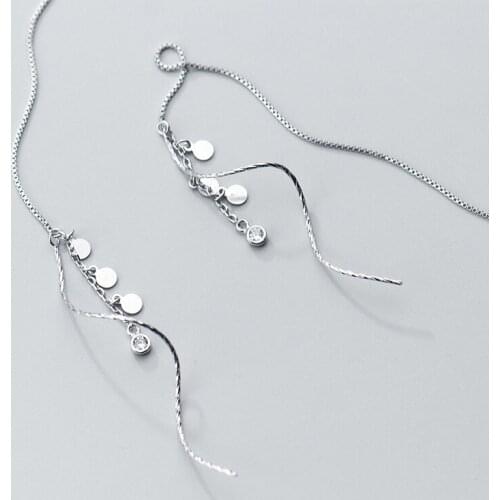 Authentic Real 100% 925 Sterling Silver fine Jewelry Disc Coin &Solitaire cz threader Long Tassel Earrings Gtle2901