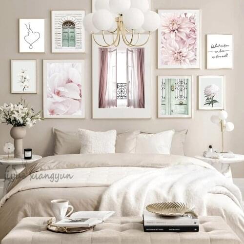 White Pink Flower Door Quote Canvas Painting Line Drawing Poster Wall Art Print Modern Living Room Decoration Design