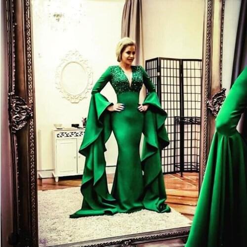 Saudi Arabic Green Mermaid Evening Dresses 2021 Flare Ruffles Full Sleeves Lace Beaded Long Prom Gowns Elegant Party Dress