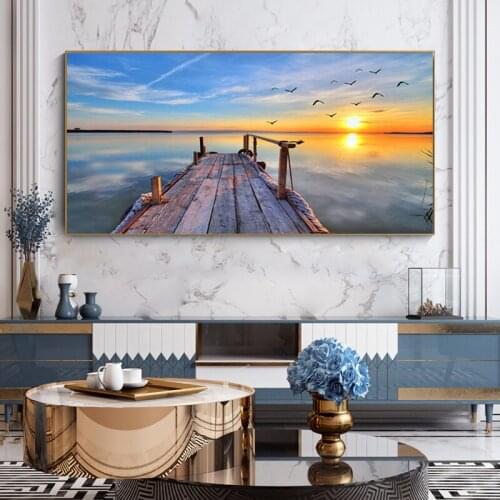 Modern Seascape Sunrise Seagull Canvas Living Room Decorative Painting Sea Landscape Frameless Wall Art Living Room Cuadros