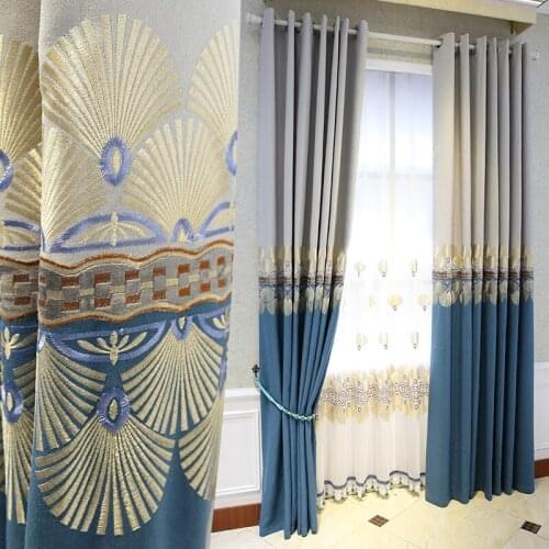 Top grade atmosphere warm embroidery cotton hemp splicing blue gray European modern curtain living room bedroom customization